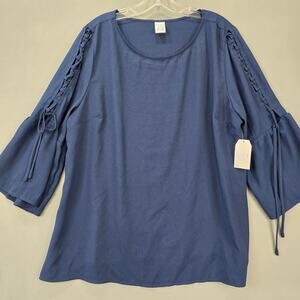 Time Tru Blue Shirt NEW Lace Up 3/4 Sleeve Top Classic Scoop Neck Women Plus XXL